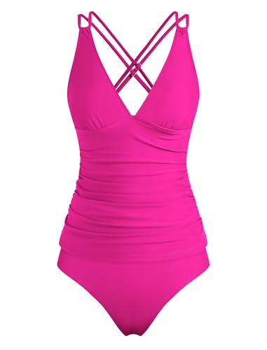 Image of ZAFUL Womens Tankini Swimsuits V Neck Push Up Swim Top Color Block Tummy Control High Waisted Bathing Suits Swim Bottom
