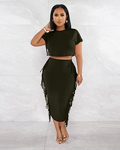 Image of YUEWOO 2 Piece Outfits for Women Sexy Crop Top Ruched Bodycon Maxi Dresses Fringe Skirt Sets Night Club Jumpsuits