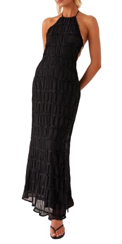 YANGCHA Maxikleid für Damen, Sommer, Neckholder, fließende Rüschen, gestuft, ärmellos, Boho, rückenfrei, Spaghettiträger, langes Kleid, Schwarz,...