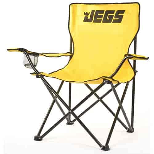 JEGS Folding Chair | Yellow Canvas With Black JEGS Logo | Black Powder Coated Frame | Capacity 250 LBS | Total Height 36” | Includes Mesh Cup Holder And Storage Bag With Strap