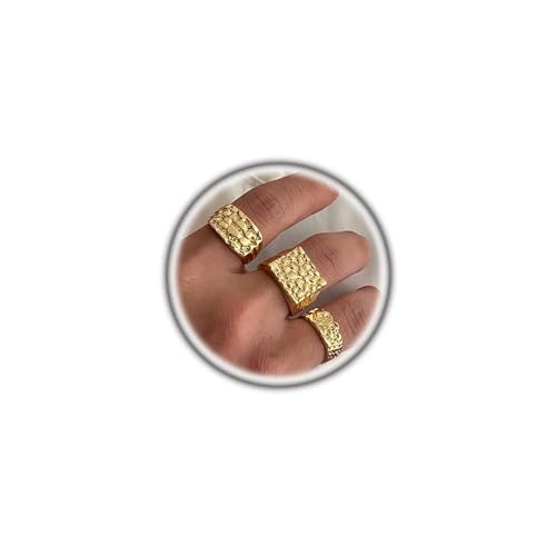 Navirix 3Pcs Gold Chunky Knuckle Rings for Men,Punk Stackable Finger Rings Set,Hip Hop Harmmered Texture Statement Trendy Simple Jewelry(Golden,Golden)