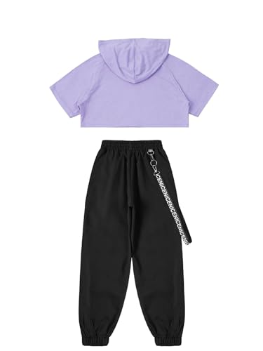 YiZYiF Kids Girls Hip Hop Dance Clothes Short Sleeve Hooded Crop Top with Sweatpants Sets Sport Active Outfits4