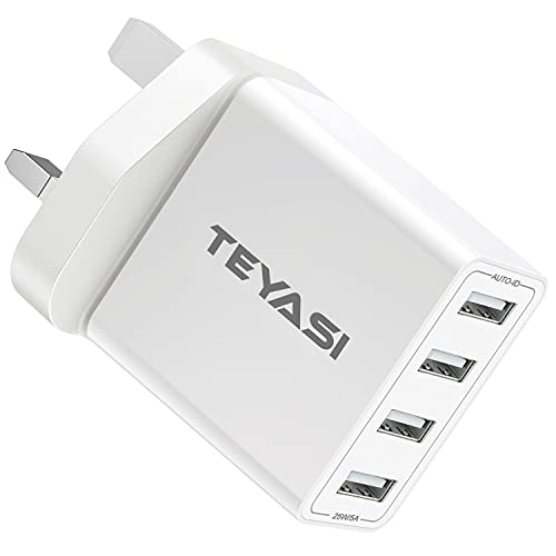 USB Plug Charger, 4 Port/25W USB Adapter Plug UK Multi Charger Plug Fast Charging Adaptor Multiple Mains Charge for iPhone 14 13 12 11 pro Max 10 XS XR X 8 7 6, iPad, and More Android Phones