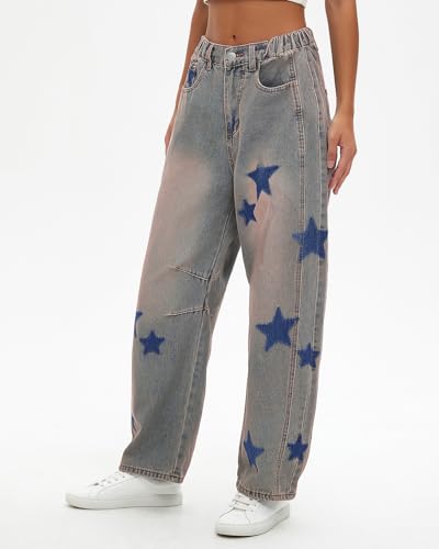 LifeShe Star Barrel Wide Leg Jeans Women Loose Printed Boyfriend Mid Rise Baggy Denim Pants4