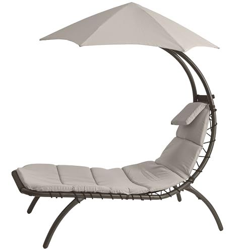 Image of Vivere Original Dream Lounger with 6-Point Umbrella - Durable Spun Polyester, Curved Legs, Spacious Lounging Bed, Perfect for Outdoors & Patio, 74 inch x 41 inch x 84 inch (Cast Silver)