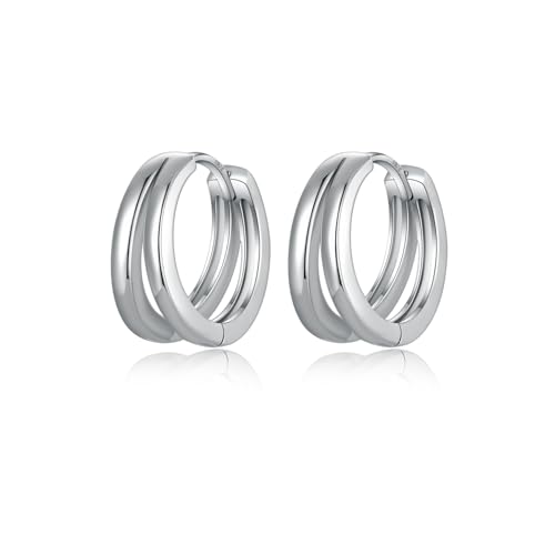 Black Double Hoop Earrings Men 925 Sterling Silver Split Hoop Huggie Earrings for Men and Women Simple Stylish 15MM