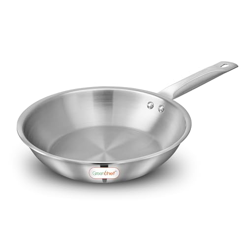 GREENCHEF SS Tri ply Steel Crest - Sartén profunda de 22 cm, superficie exterior de acero inoxidable, asas ergonómicas, compatible con inducción, resistente a los arañazos, 5 años de garantía