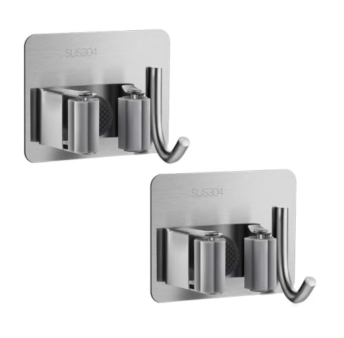 Image of Kmils Self Adhesive Mop Holder Wall Mount, Stainless Steel Broom Holder with Hook, No Drill Wall Organizer for Mop, Broom, Bathroom, Kitchen & Laundry Room (Silver, Pack of 2)