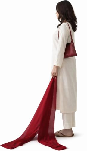 Image of LookMark Women's Cotton Kurta Set with Dupatta | Cream | Red Embroidery | Long Sleeve