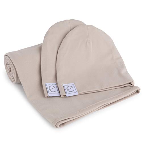 Ely\'s & Co. Cotton Knit Jersey Swaddle Blanket and 2 Beanie Baby Hats Gift Set, Large Receiving Blanket (Tan)
