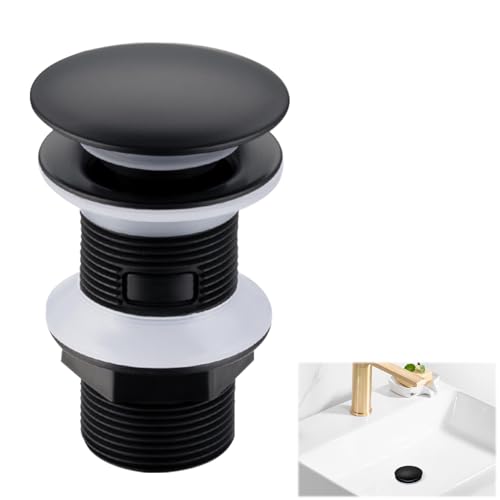 Bathroom Sink Waste Unslotted Pop Up Basin Waste, Click Clack Basin Waste Unslotted, Matt Black Pop Up Brass Sink Waste, for Washbasin Sink Tap Bathroom, Without Overflow (Dome)