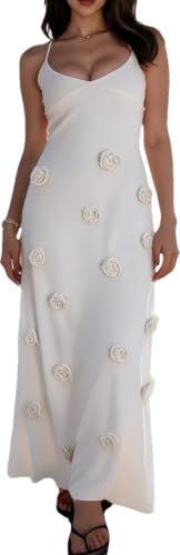 LOUSEA 3D Dresses for Women Spaghetti Strap Crochet Maxi Dress Sleeveless Knit Maxi Dress Flower Backless Beach Cover up Bodycon Knitted Dresses Beach Party vacationcover up (LS-1003-White,S)