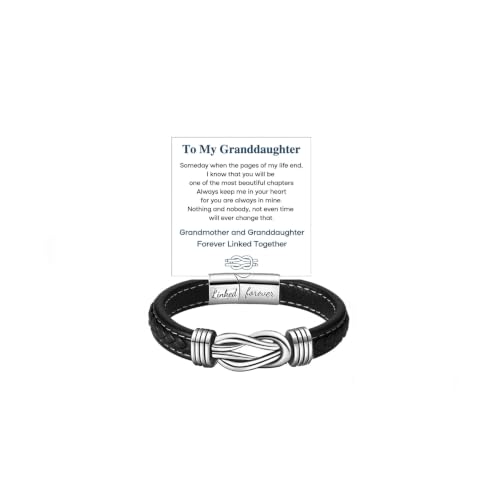Grandmother and Granddaughter Forever Linked Together Braided Leather Bracelet To My Granddaughter Infinity Knot Leather Bracelet Stainless Steel Engraved Jewelry for Birthday Christmas19CM Black