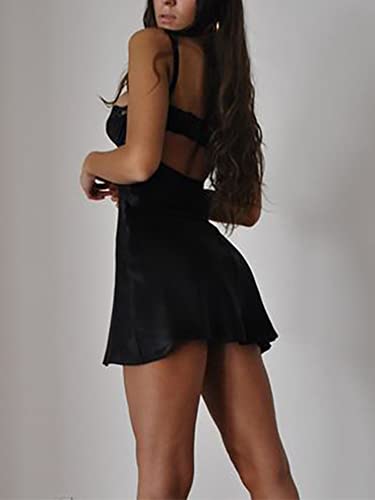 Image of Women's V Neck Adjustable Spaghetti Straps Sleeveless Sexy Backless Dress Y2k Lace Dresses Party Clubwear
