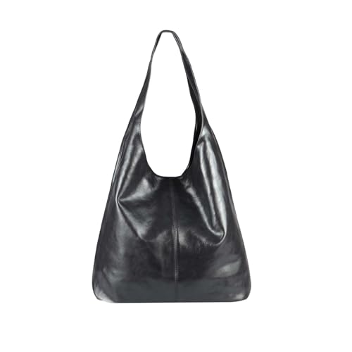 OBC Made IN Italy Damen Leder Hand-Tasche METALLIC Shopper Schultertasche Hobo-Bag Henkeltasche Beuteltasche Silber (Schwarz-Metallic)