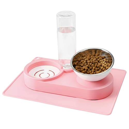 Nuzzletail Double Elevated Dog Cat Food Water Bowls Stainless Steel Cat Food Water Bowl with No-Spill Mat Raised Tilted Dishes for Indoor Kitten Puppies Small or Medium Size Dogs Cats Pink