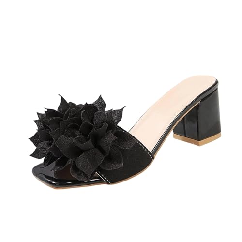 Pantoufles à talon épais femme bout carré fleur bout ouvert talon haut décontracté