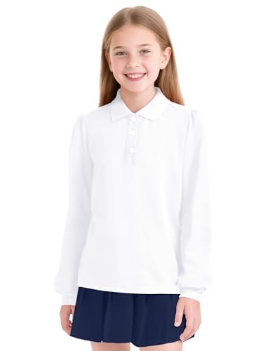 KEREDA Long Sleeve Uniform Shirts for Girls Cotton School Polo Shirts with Button for Kids4