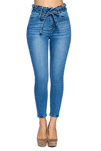 Khanomak Womens Paper Bag High Waist with Self Tie Belt Denim Skinny Pants (5, Medium)