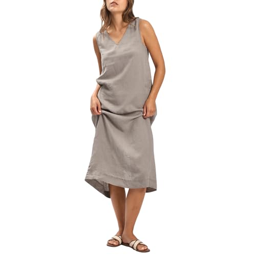 Amazhiyu Women's 100% Linen Plant-Dyed Sleeveless V-Neck Midi Dress with Slit Grey, Medium