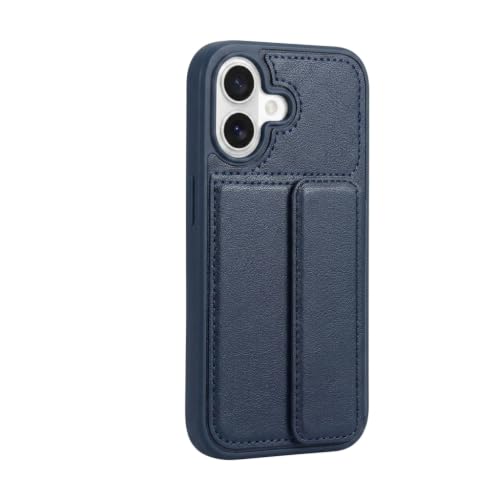 Image of amazon basics Luxury Vegan Leather Back Cover for iPhone 16 | Built-in Card Holder Slot | Integrated Mobile Stand | Slim Shockproof Protective Case with Stitched Finish - Blue