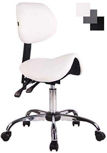 CLP Taburete con Ruedas Stuttgart Tapizado En Cuero PU I Taburete Trabajo con Respaldo & Sin Reposabrazos I Taburete Altura Regulable I Color: Blanco