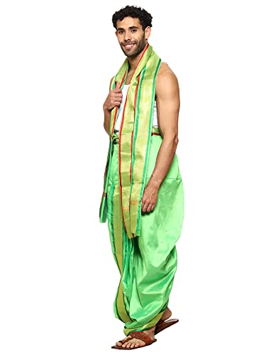 Image of Rameshwaram Fabrics Readymade Dhoti for Men, Velcro Style Stitched Mens Silk Dhoti Pant with Stole Set