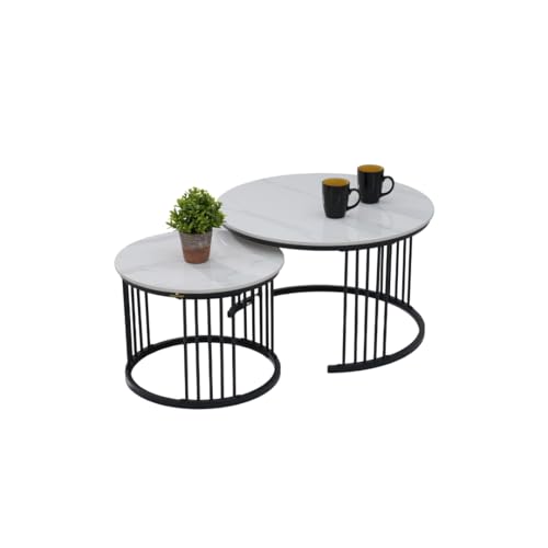 Image of Royaloak Genting Malaysian Round Sintered Top Coffee Table Set of 2 | Nesting Coffee Table for Living Room with Modern Nested Design, Glossy Surface, Powder-Coated Metal Frame & Vertical Bar Support