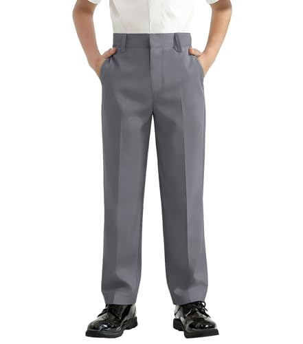 Image of QBK Boys Flat Front Dress Pants Uniform Pants Adjustable Waistband for Toddler to Youth with Pockets