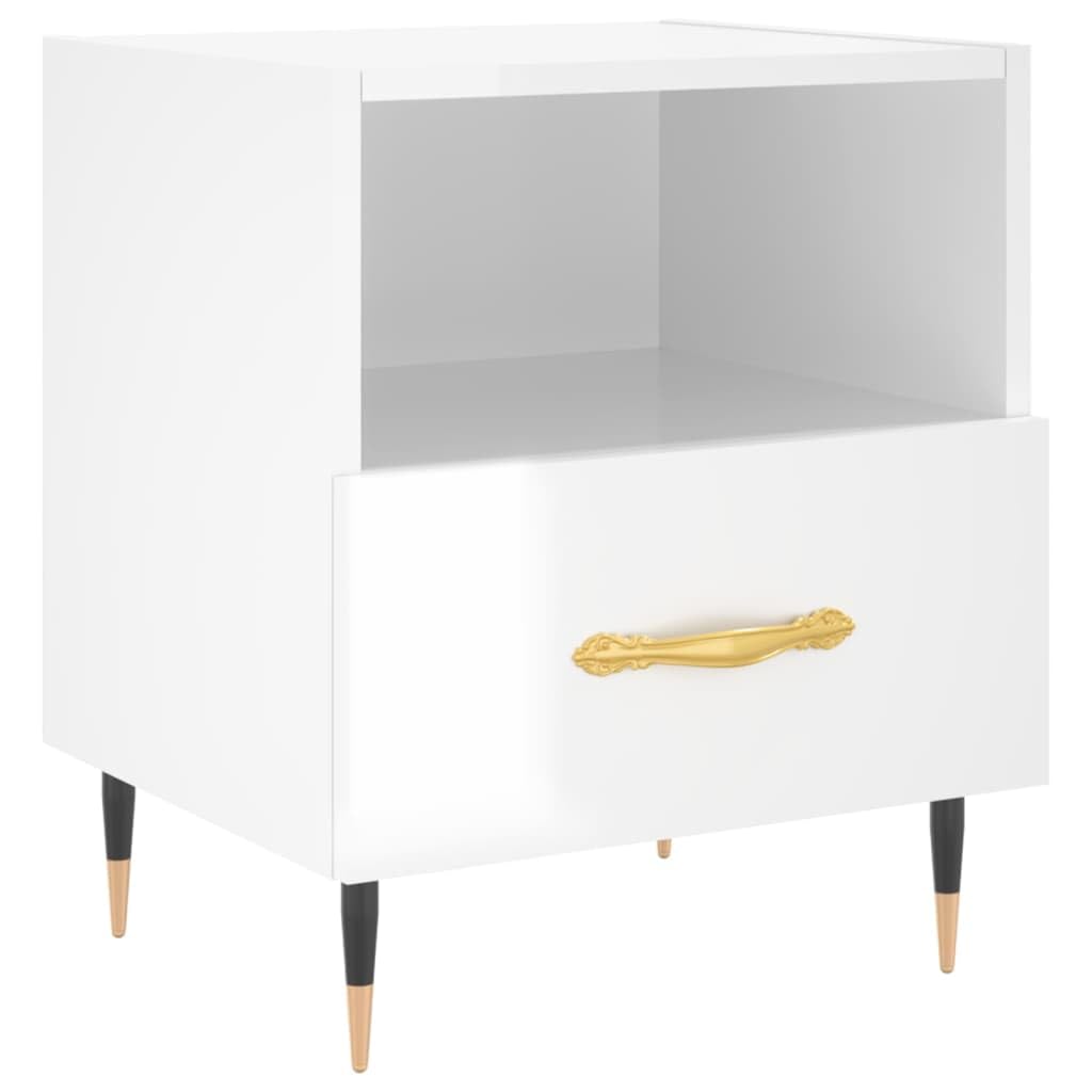 Table de chevet moderne en bois laqué blanc avec rangement et piètement métal