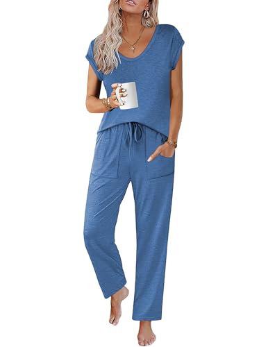 Image of Ekouaer Womens Pajama Sets Short Sleeve Sleepwear Tops and Long Pants V Neck Pjs 2 Piece Lounge Set with Pockets S-XXL