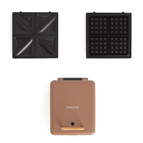 CREATE/STONE STUDIO/Sandwichera grill y gofrera cuádruple moca / 3 placas intercambiables: Grill, Gofre y Sandwich, antiadherente, apertura 180º, 4 rebanadas, autoapagado, retro, 1600W