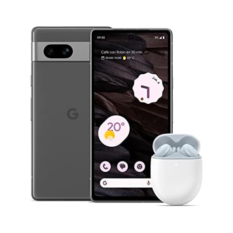 Google Pixel 7a - Teléfono móvil 5G Android libre con lente gran angular y batería de 24 horas de duración + Pixel Buds A-Series - Auriculares Inalámbricos -Azul claro Cover