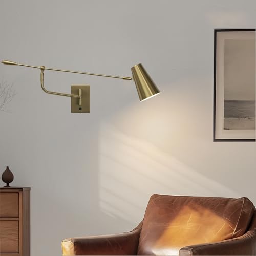 Image of Rotatable Activity Adjustable Direction Swing Arm Wall Lamp, Dual Power Modes Plug-in /Hardwired, Indoor Large Gold Wall Mounted Lights for Bedroom Living Room Dining Room, E26 Bulb