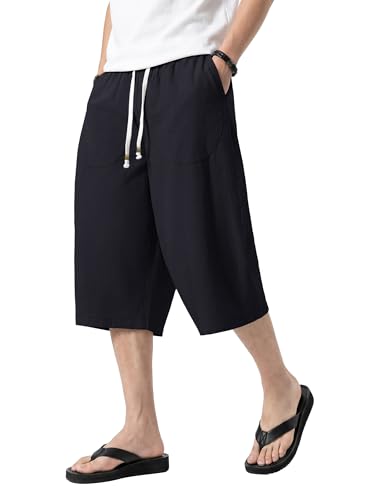 KEFITEVD Shorts for Men UK 3/4 Length Beach Capri Trousers Soft Baggy Linen Shorts Casual Yoga Pants with Pockets Black 38