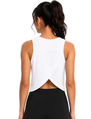 Image of Workout Tops for Women Cropped Open Back Sleeveless Tank Tops Athletic Gym Yoga Shirts Loose Fit