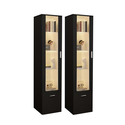 Sossiyule Lot de 2 Vitrines LED avec Porte et Etagères en Verre, Lumières Armoire à Meuble de Rangement pour Salon Bureau, 42 x 30 x 160 cm (Noir)