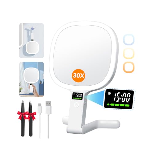 Auxmir Kosmetikspiegel mit Beleuchtung LED Display für Zeit/Akku/Helligkeit 30X / 1X Schminkspiegel mit 3 Farben Faltbar Vergrößerungsspiegel Reisespiegel Tischspiegel mit Licht für Zuhause Reise
