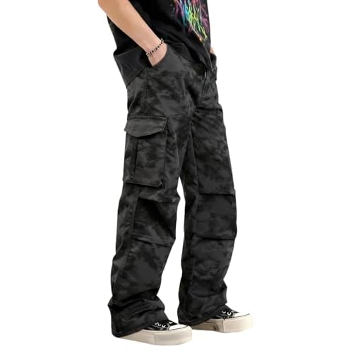 GINGTTO Baggy Cargo Pants Men Camo Wide Leg Fashion Y2K Loose Fit Streetwear Drawstring Stretch Black 28