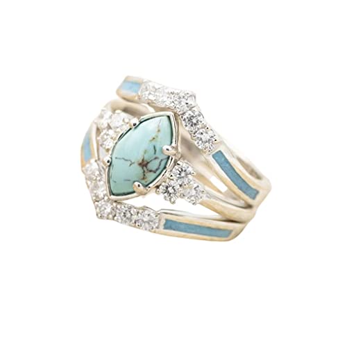 3 PCS Ring Set Natural Turquoise Diamond Rings Western Jewelry Turquoise Silver Color Rings for Women Bohemian Joint Knuckle Rings Finger Ring Turquoise Jewelry Sparkling Natural Gemstone-Oval 6