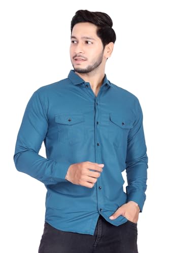 Image of Men's Cotton Spread Collar Full Sleeve Regular Fit Solid Casual Shirt with Double Pockets - Stylish Comfortable Shirt for Everyday Wear