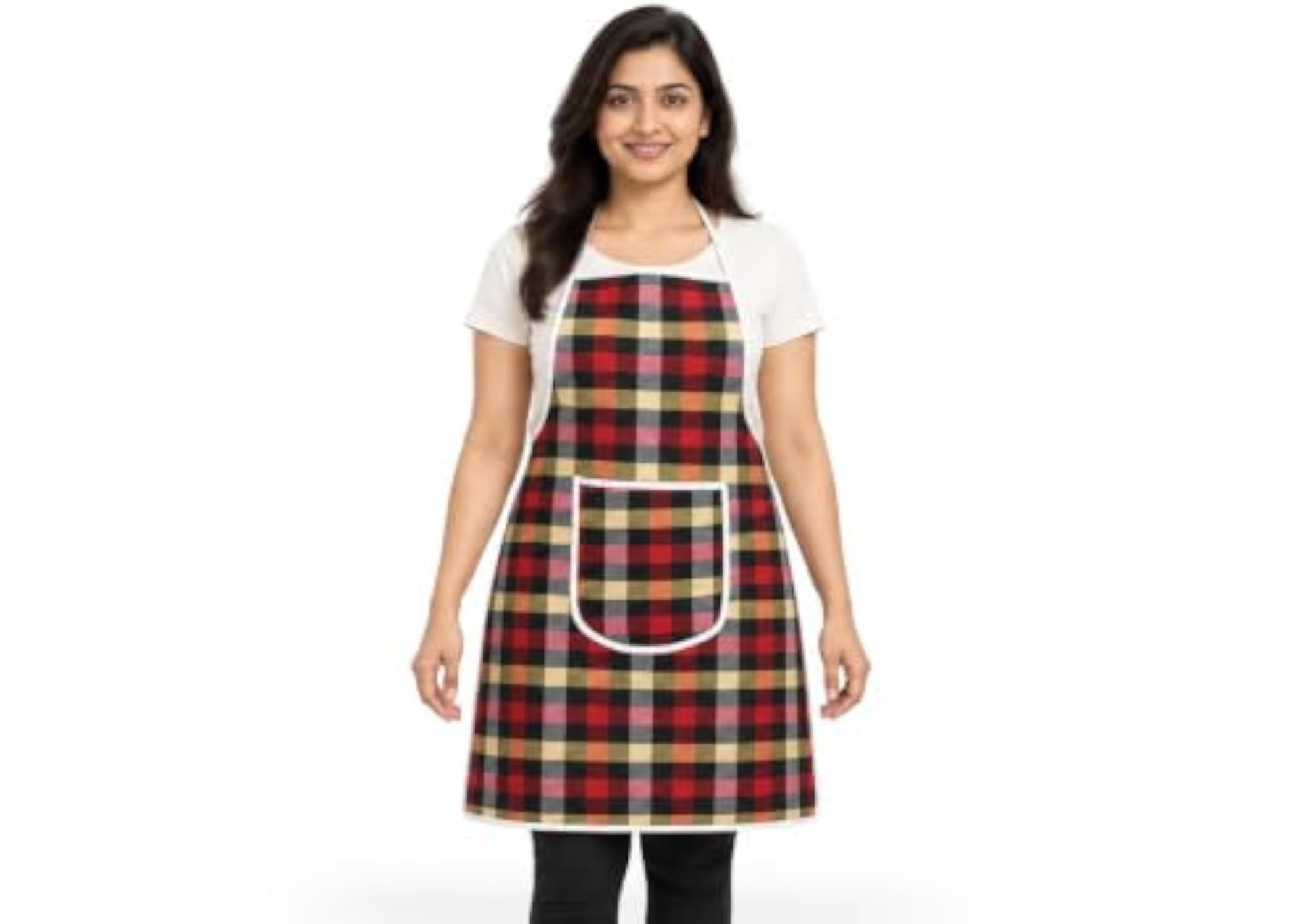 Red Checkered Kitchen Apron for Women with Front Pocket