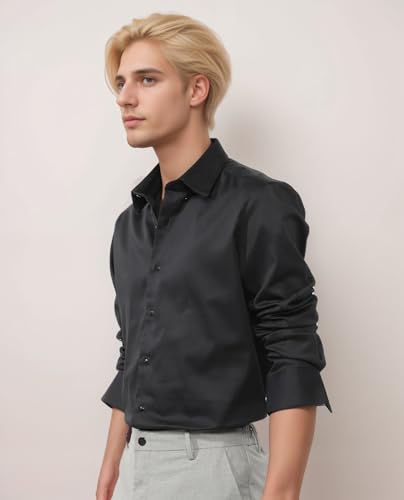 Image of IndoPrimo Men's Satin Shirt with Spread Collar Neck Line Solid Pattern Full Sleeves Regular Fit Western Style and Standard Length