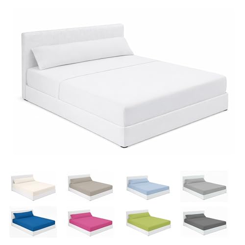 SABANALIA - Juego Sabanas 160x200 de Hostelería | Blanco | 4 Piezas | Sábana Encimera, Sábana Bajera Ajustable y Dos Fundas Almohada | Sabanas 160 x200 | 50% Algodón - 50% Poliéster