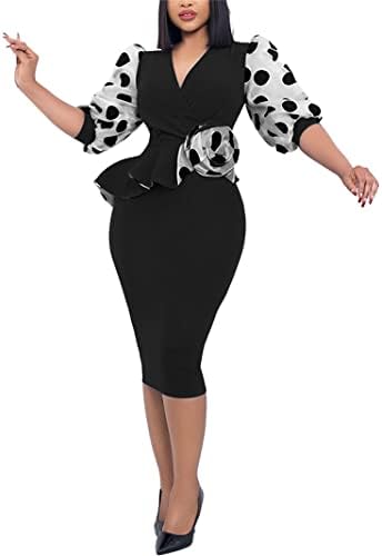 ENOPINK Women's Sexy Bodycon Midi Dress Mesh Puff Sleeve V Neck Casual Ruffle Elegant Pencil Work Dress,Black,XL
