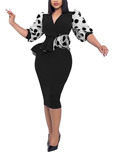 Enopink Women's Sexy Bodycon Midi Dress Mesh Puff Sleeve V Neck Casual Ruffle Elegant Pencil Work Dress,Black,Xl #TOP13