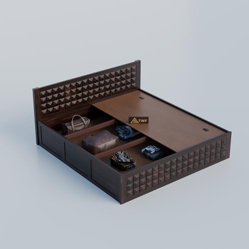 Image of Solid Sheesham Wood Queen Size Bed with Storage Box | Wooden Double Bed for Bedroom | Diamond Design Double Bed Cot Palang for Home | Rosewood, Walnut Finish
