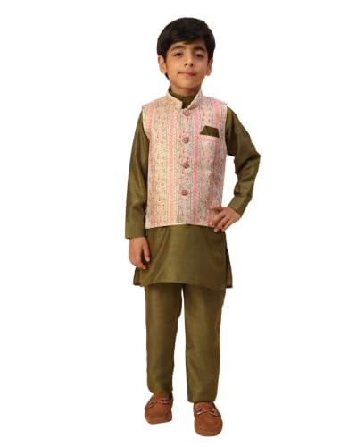 Image of Pro-Ethic Style Developer Kids Kurta Set For Boys With Waist Coat, Ethnic Wear for Diwali, Eid, Raksha Bandhan, Jacquard, Floral Print (Pack of 1)