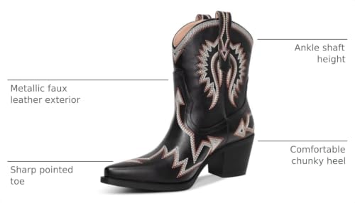 Image of HOCHFART Western Boots for Women Metallic Embroidered Pointed Toe Cowgirl Boots Chunky Heel Pull-On Short Cowboy Boots Wide Calf Country Ankle Boots