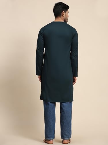 Image of Amazon Brand - Anarva Men's Cotton Solid Round Neck Kurta Long Sleeves Straight Knee Length Casual Shirt